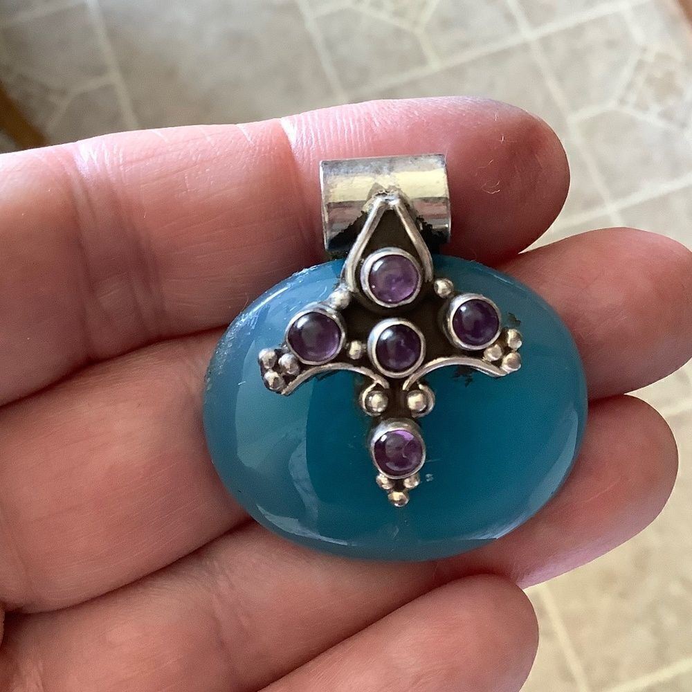 đ
șNWOT sterling SILVERâBLUE CHALCEDON/AMETHYST LARGE PENDANTâ - Picture 4 of 5
